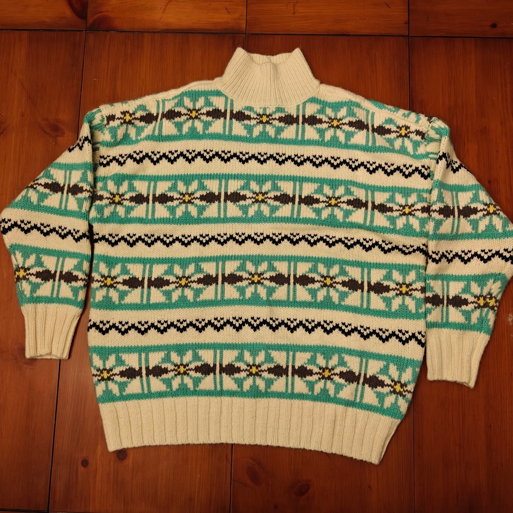 American Eagle Fair Isle Mock Neck Oversized Chunky Knit Sweater Cream Womens XS